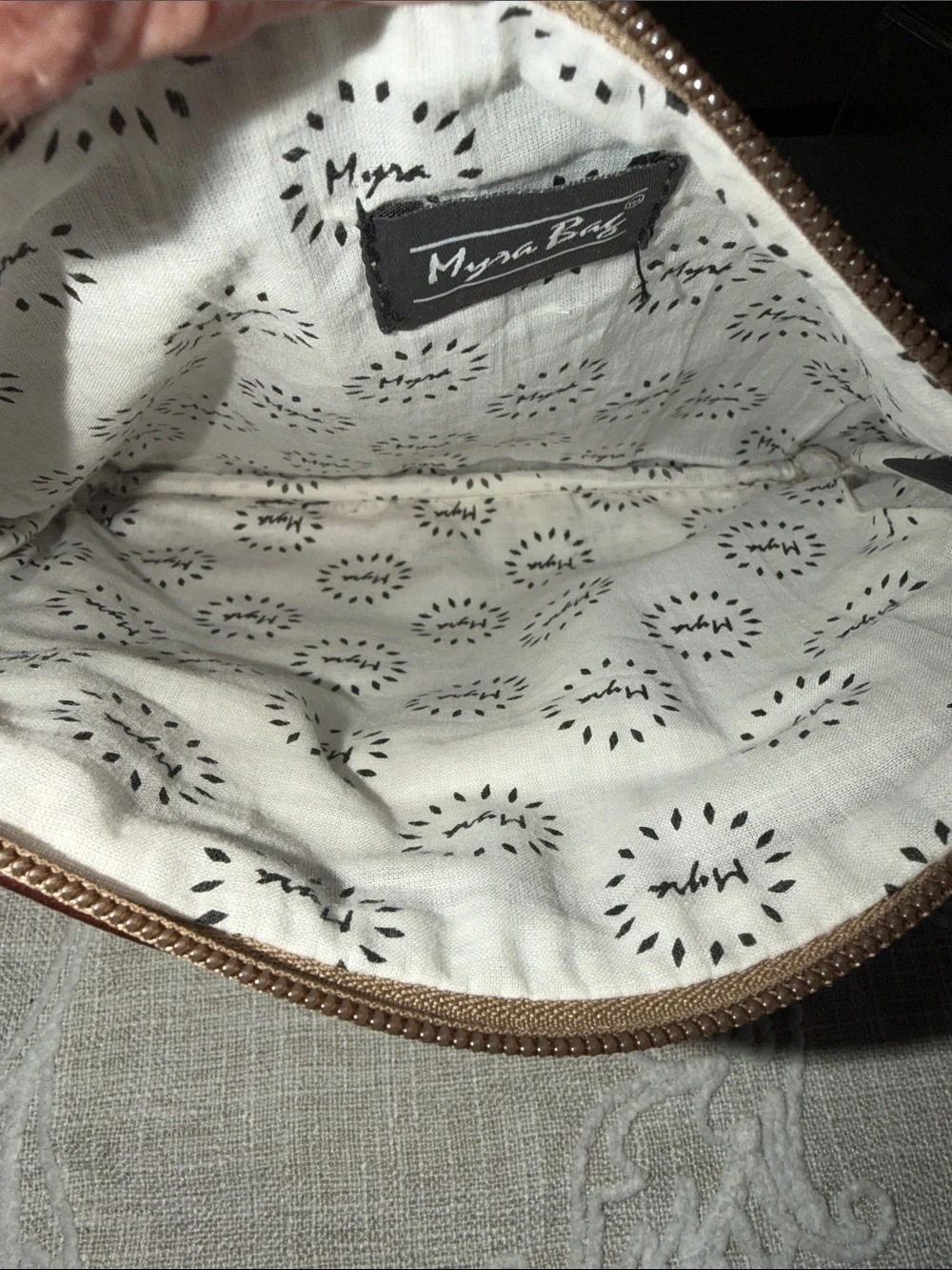 Myra NWOT Puzzled Pouch Wristlet Brown Leather & Beige fabric Wristlet Clutch